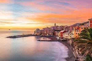 Images Dated 30th December 2021: Bogliasco, Genoa, Italy town skyline on the Mediterranean sea at sunset