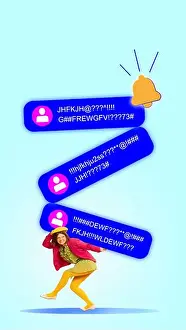 Buzz Prints: Bold poster. Woman in yellow tights dodging giant blue message bubbles with random characters