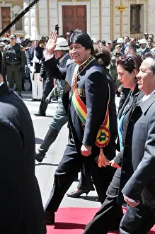 Descent Prints: Bolivia's President Evo Morales Ayma with presidential sash during his introduction to his second term