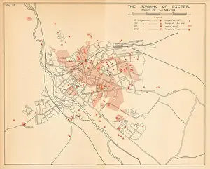 Devon Prints: The Bombing of Exeter 3rd May 1942. World War 2. Luftwaffe 1957 old map