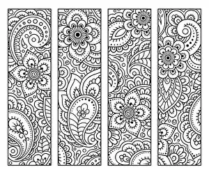 Bookmark Prints: Bookmark for book - coloring. Set of black and white labels with floral doodle patterns