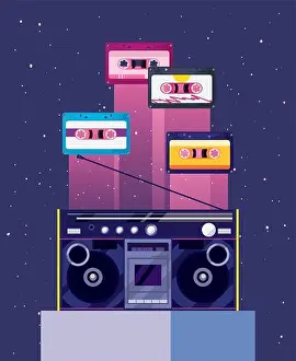 Analogue Prints: boombox stereo cassette tapes music retro 80s style vector illustration
