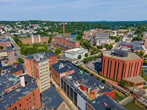 American United Prints: Boott Mills and Middlesex Community College aerial view at the mouth of Concord River to Merrimack River in historic