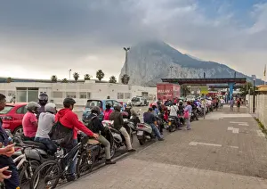 The Rock Prints: BORDER CROSSING FROM LA LINEA SPAIN INTO GIBRALTAR A TRAFFIC QUEUE WITH THE ROCK IN THE BACKGROUND