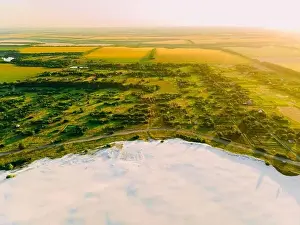 Destroy Prints: Border of desertification territory and green meadow with river is a result human destructive activity in environment