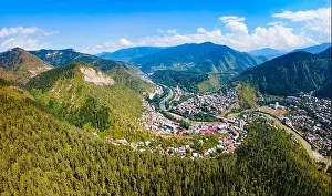 Mineral Water Prints: Borjomi aerial panoramic view. Borjomi is a resort town in Samtskhe Javakheti region of Georgia