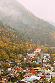Borjomi, Samtskhe-Javakheti, Georgia - Aerial View Cityscape Of Borjomi Resort City Autumn October Day. Borjomi Is A Resort Town In South-central Geo