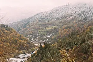 Borjomi, Samtskhe-Javakheti, Georgia - Aerial View Cityscape Of Borjomi Resort City Autumn October Day. Borjomi Is A Resort Town In South-central Geo