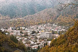 Borjomi, Samtskhe-Javakheti, Georgia - Aerial View Cityscape Of Borjomi Resort City Autumn October Day. Borjomi Is A Resort Town In South-central Geo