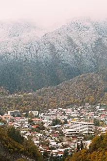 Borjomi, Samtskhe-Javakheti, Georgia - Aerial View Cityscape Of Borjomi Resort City Autumn October Day. Borjomi Is A Resort Town In South-central Geo