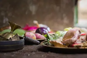 Rituals Prints: Boron dala and other puja essentials like kasar ghanta etc kept together for hindu pooja rituals
