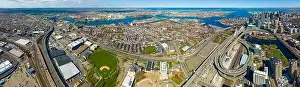 Boston downtown financial district skyline and Leonard Zakim Bridge aerial view