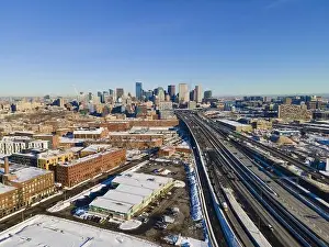 Boston downtown modern city skyline and Interstate Highway 93 in winter aerial view, Boston, Massachusetts MA, USA