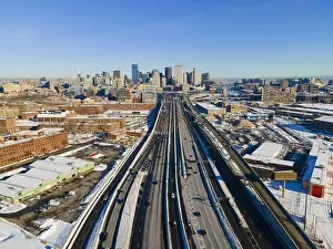 Boston downtown modern city skyline and Interstate Highway 93 in winter aerial view, Boston, Massachusetts MA, USA