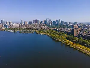 Charles City Prints: Boston financial district modern city skyline aerial view with Charles River