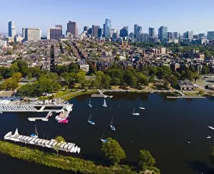 Charles City Prints: Boston financial district modern city skyline aerial view with Charles River