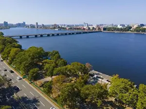 Old River Prints: Boston Harvard Bridge on Charles River aerial view that connects city of Cambridge and Boston