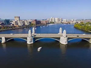Charles Bridge Prints: Boston Longfellow Bridge on Charles River aerial view that connects city of Cambridge and Boston