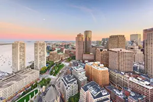 Boston, Massachusetts, USA downtown cityscape at dusk over Atlantic Avenue at dusk