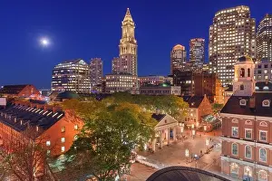Boston, Massachusetts, USA skyline with Faneuil Hall and Quincy Market at dusk