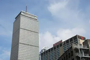 Azure Prints: Boston skyline. Skyscraper dominates view with clear blue sky