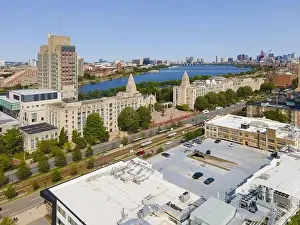 Boston University Marsh Plaza and Marsh Chapel aerial view, Boston, Massachusetts MA, USA
