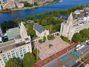 Boston University Marsh Plaza and Marsh Chapel aerial view, Boston, Massachusetts MA, USA