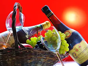 Arranged Prints: Bottles, wine, wine bottles, glasses, grapes, clusters, basket, arranged