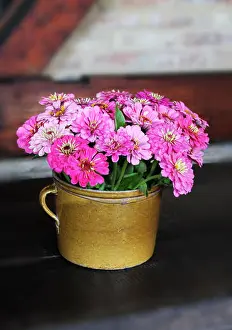 Weddings Prints: Bouquet of pink field flowers in a ceramic mug