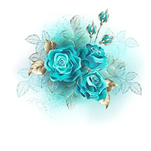 Solemn Prints: Bouquet of three turquoise roses with gold and turquoise leaves on white background