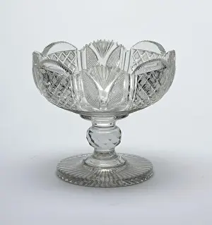 Panels Prints: Bowl, Glass, Shallow round bowl cut with alternate panels of strawberry diamonds and panels with fan cutting