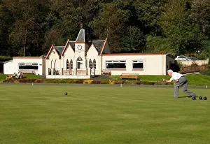 Bowling Prints: Bowls in play in front of the pavilion of the Stirling lawn bowling club green in Stirling