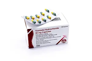Capsules Prints: Box of 100 Tramadol Hydrochloride 50mg capsules with a blister pack on top of the box