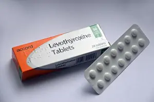Hormone Prints: A Box of 28, 50mg Levothyroxine L-thyroxine Tablets made by Accord to Treat Underactive Thyroid Gland