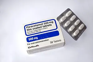 Pharmaceutical Prints: A Box of 32, 500mg Film Coated Paracetamol Tablets made by Dawa Prescribed for Mild Pain Relief