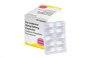 Pill Prints: A box of generic co-codamol tablets and a blister pack - white background