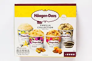 Ice Cream Prints: box of Haagen-Dazs new vanilla collection mini cups isolated on white background