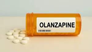 Tablets Prints: Box of OLANZAPINE tablets on a hospital pharmacy table used to treat schizophrenia
