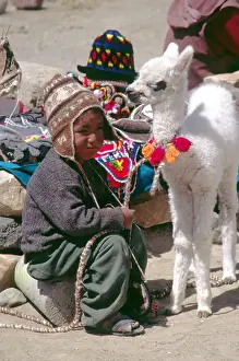 Alpaca Prints: Boy with a baby llama in the Colca Canyon region of Peru