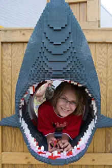 Lego Prints: Boy in Lego Shark, Legoland, Billund, Central Jutland, Denmark