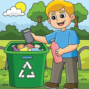 Reduce Prints: Boy Recycling Colored Cartoon Illustration