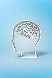 Clever Prints: Brain placed inside of empty human head shape with shadow isolated on blue background