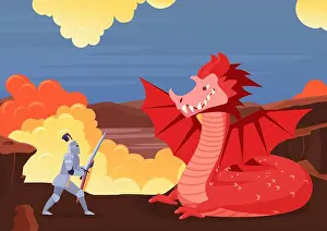 Defend Prints: Brave knight fighting dragon, fairy tale scenery with fight between warrior and monster