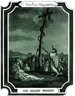 Religions Prints: The Brazen Serpent. Moses erects a brass serpent
