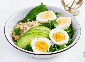 Balanced Prints: Breakfast oatmeal porridge with boiled eggs