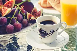 Croissant Prints: Breakfast table with coffee, a glass of fresh orange juice