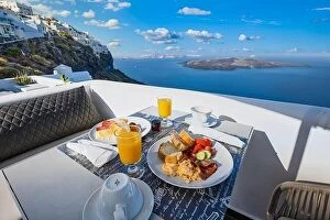 Images Dated 26th July 2021: Breakfast time in Santorini in hotel. Luxury mood with fresh omelet