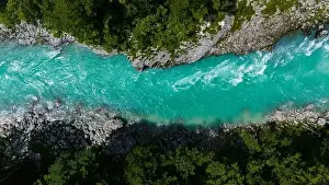Forest View Prints: Breathtaking Aerial Drone Shot of Soca River in Slovenia at Summer