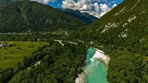 Breathtaking Aerial View of Soca River and Mountains in Slovenia's Bovec