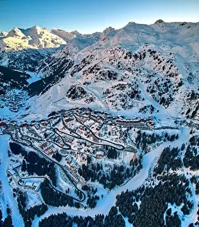 Snowboard Prints: Breathtaking beautiful panoramic aerial view on Snow Alps - winter mountain peaks around French Alps mountains